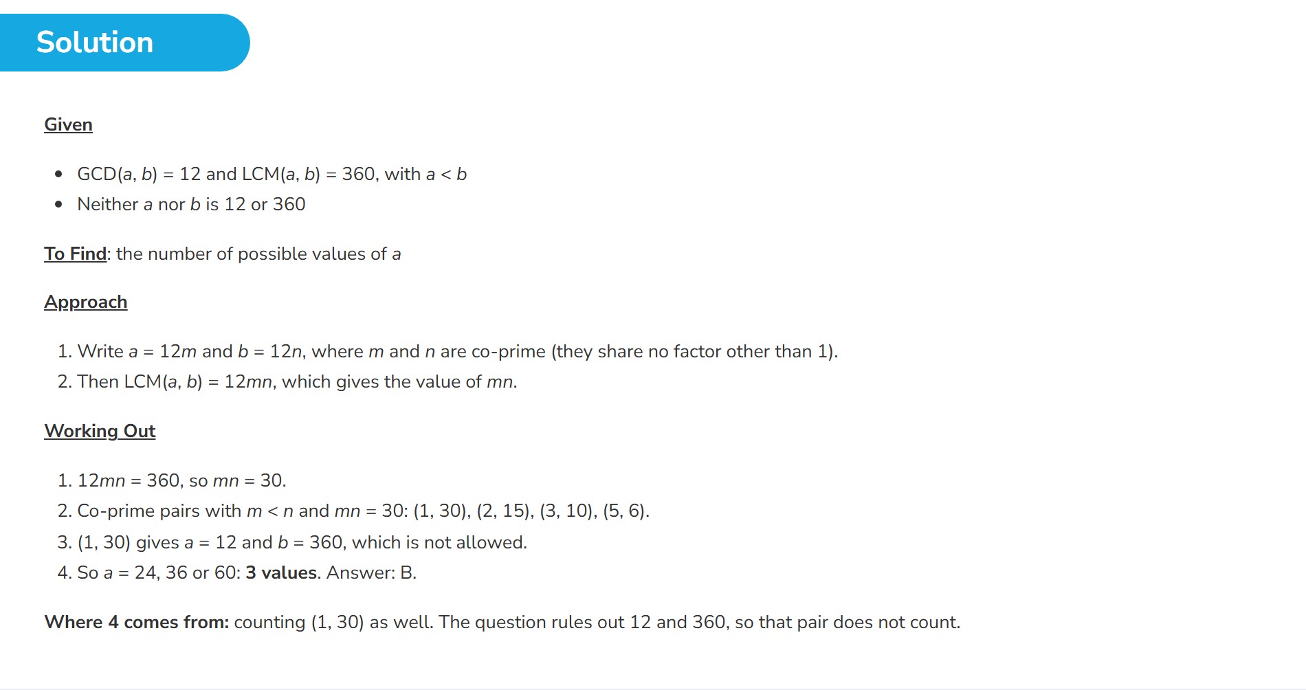 Step-by-step solution of the LCM-GCD question: given, to find, approach, working out